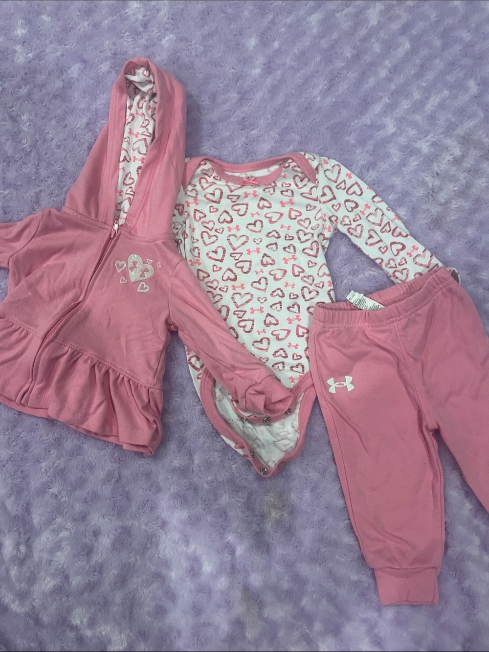 Under Armour Pink Baby Hoodie + Heart Print Bodysuit + Joggers Set